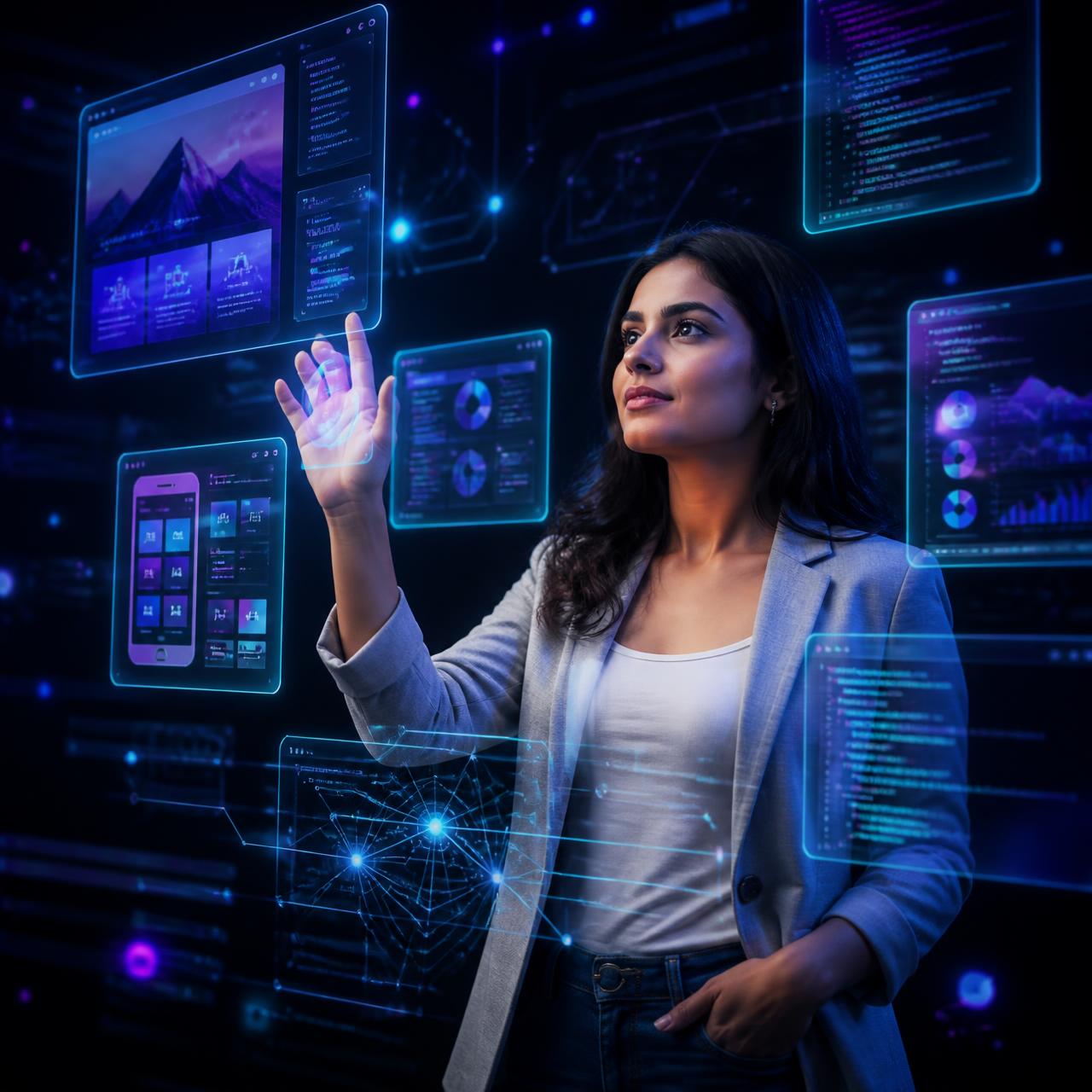 Sunrich India technology professional interacting with holographic dashboards